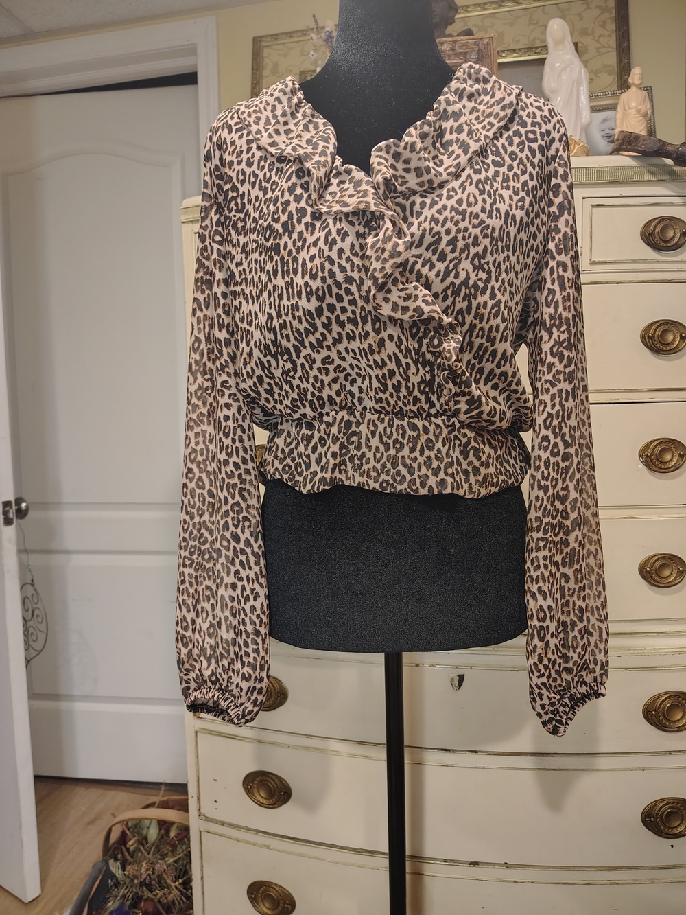 Steve Madden Leopard Print Ruffle Blouse in Tan and Black